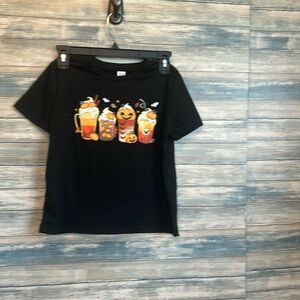 Black and orange Halloween girls T with lattes and coffee